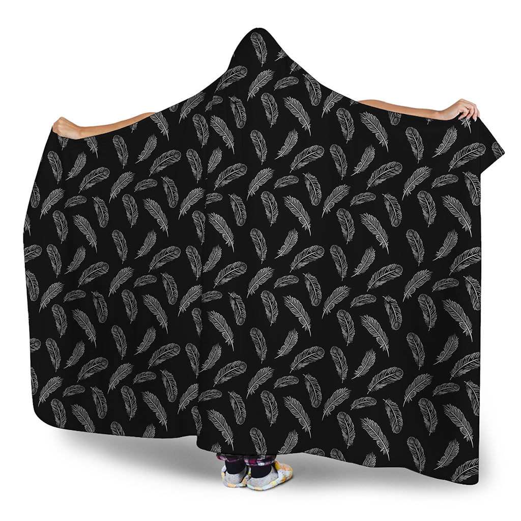 Black And White Feather Pattern Print Hooded Blanket