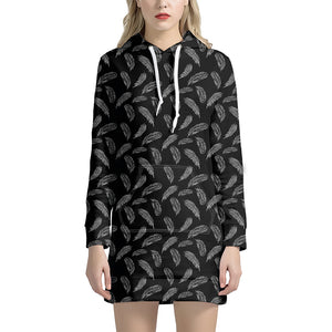 Black And White Feather Pattern Print Hoodie Dress