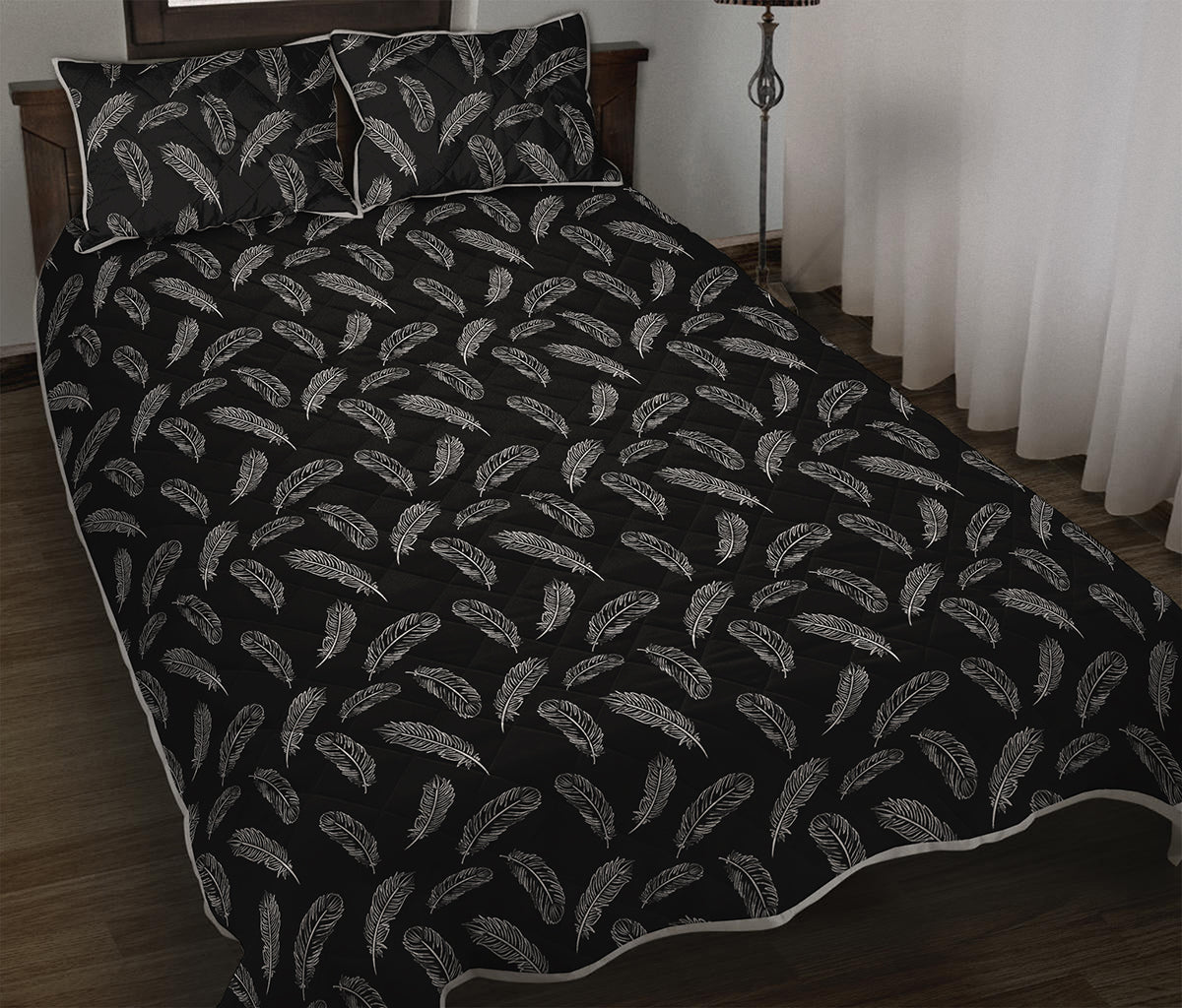 Black And White Feather Pattern Print Quilt Bed Set