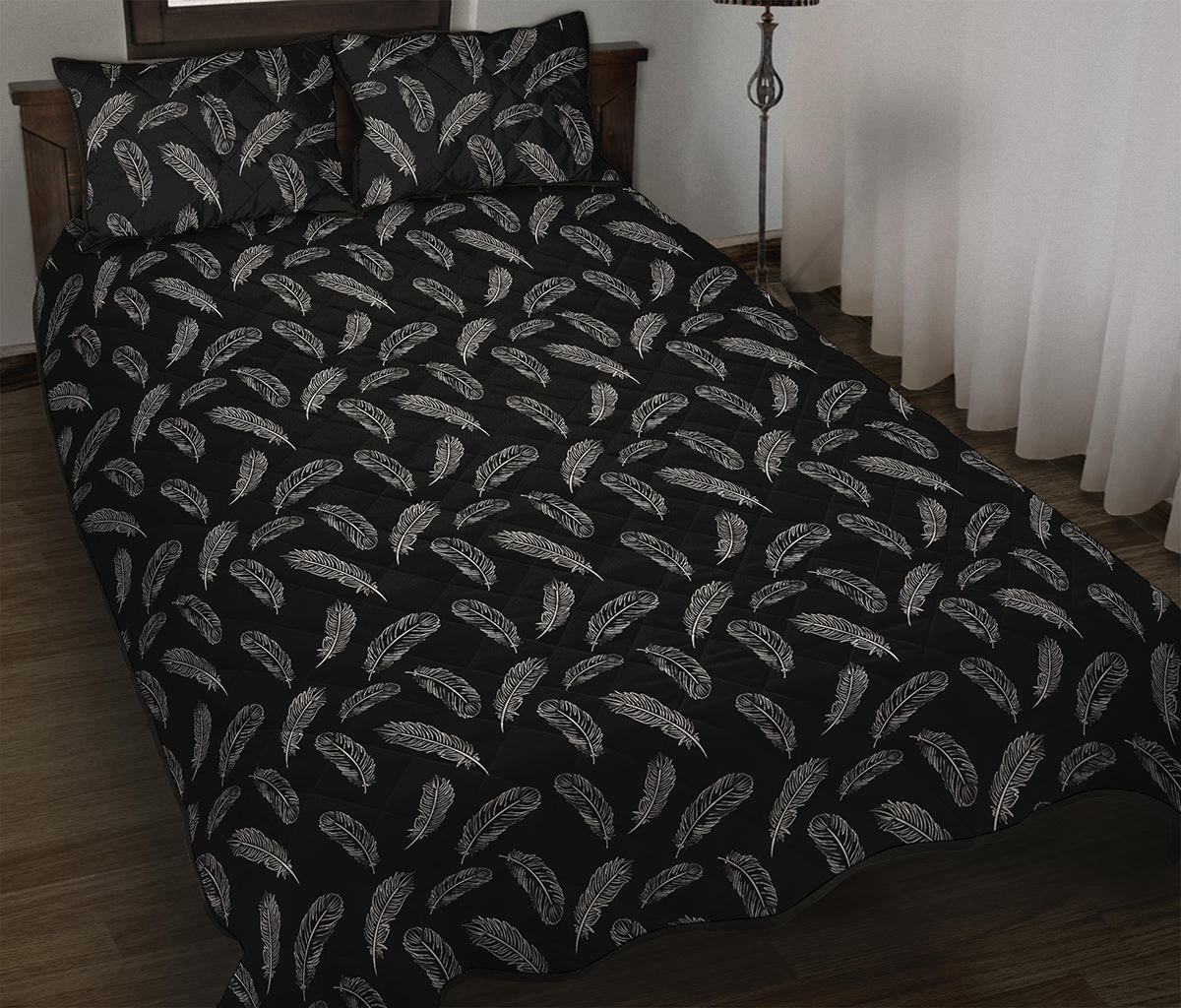 Black And White Feather Pattern Print Quilt Bed Set