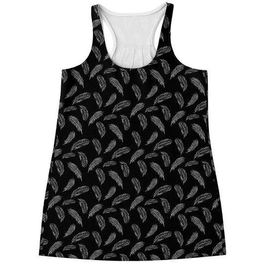 Black And White Feather Pattern Print Women's Racerback Tank Top