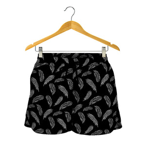 Black And White Feather Pattern Print Women's Shorts