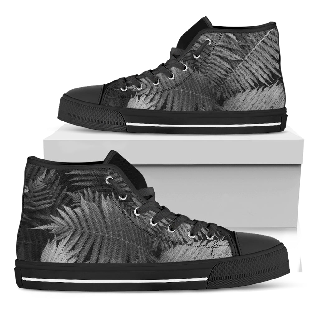 Black And White Fern Leaf Print Black High Top Shoes