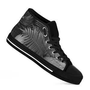 Black And White Fern Leaf Print Black High Top Shoes