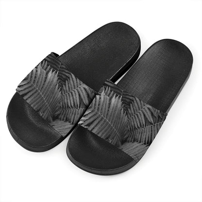 Black And White Fern Leaf Print Black Slide Sandals