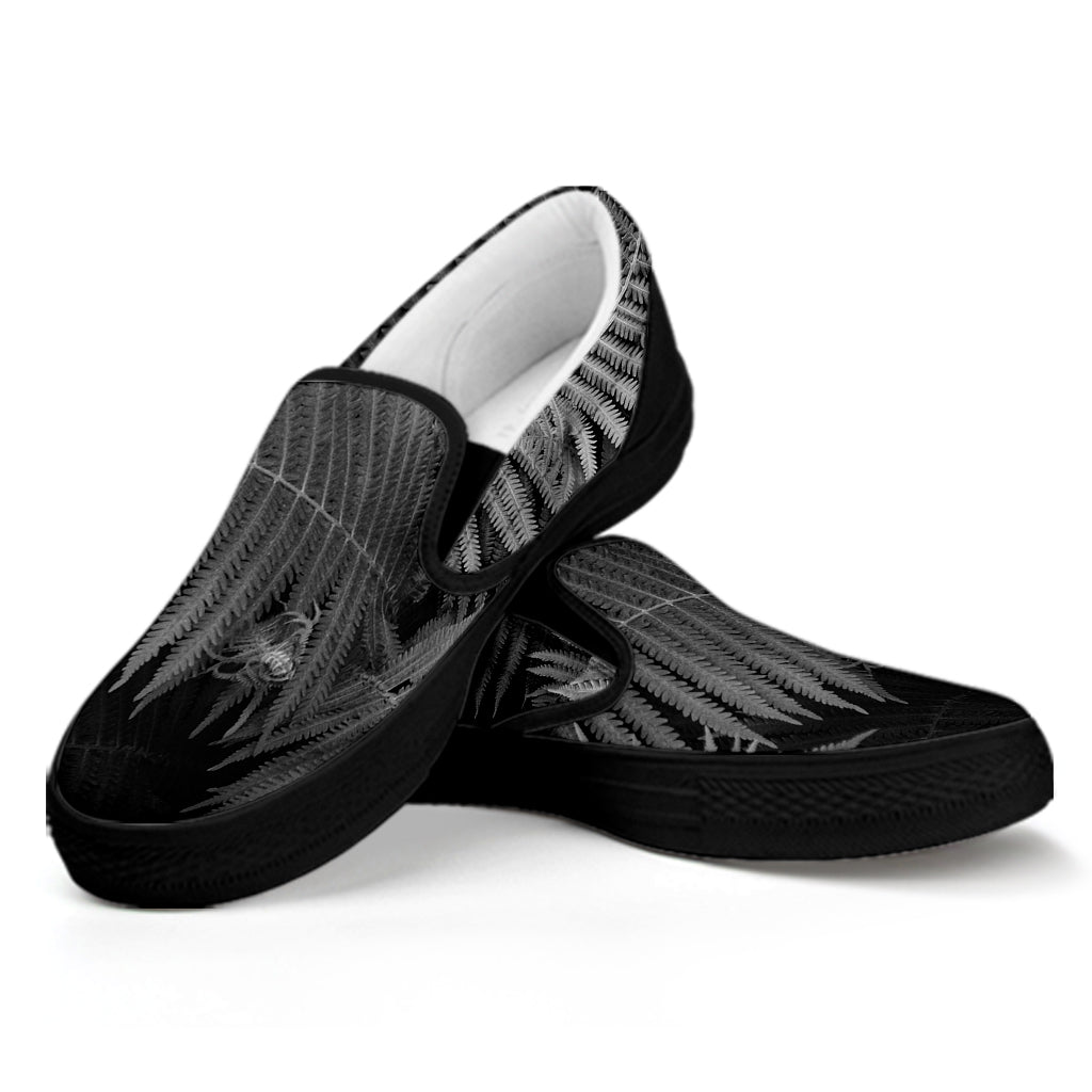 Black And White Fern Leaf Print Black Slip On Shoes