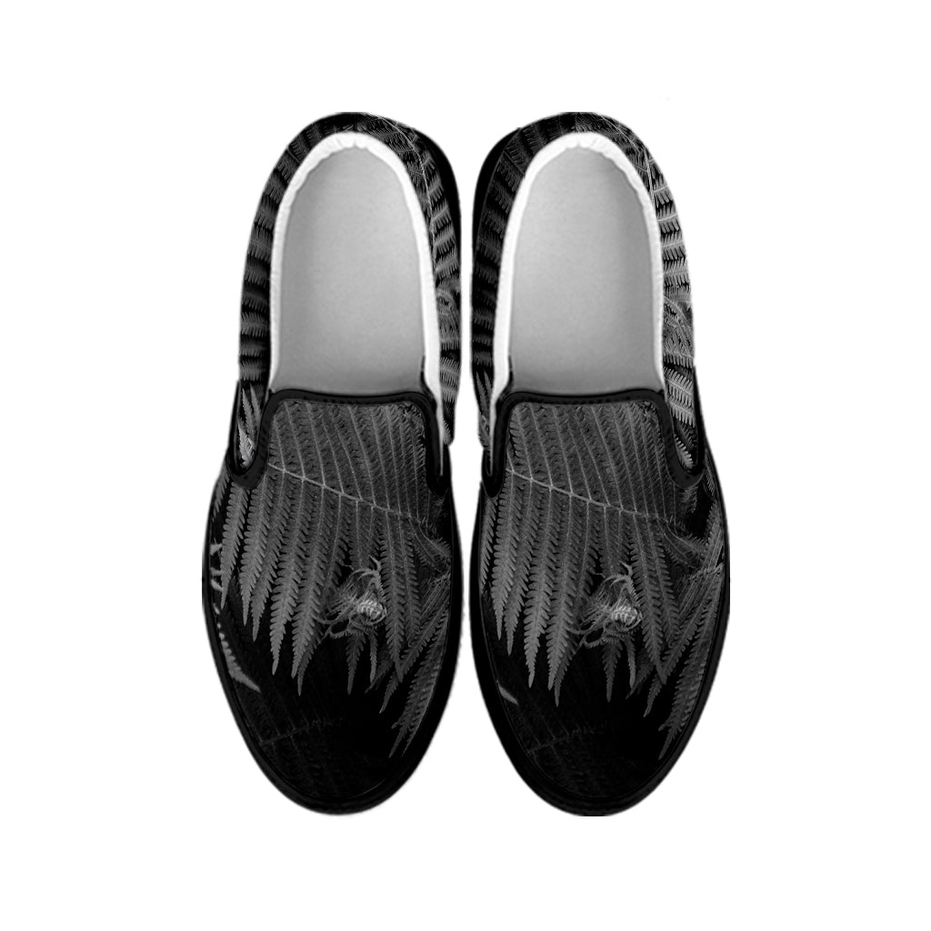 Black And White Fern Leaf Print Black Slip On Shoes