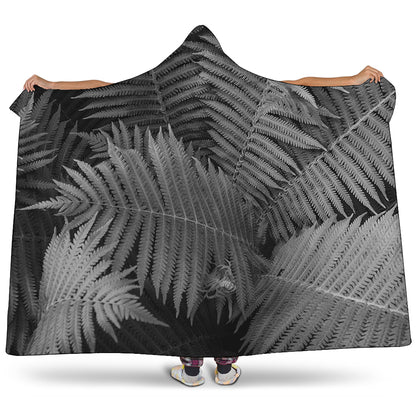 Black And White Fern Leaf Print Hooded Blanket