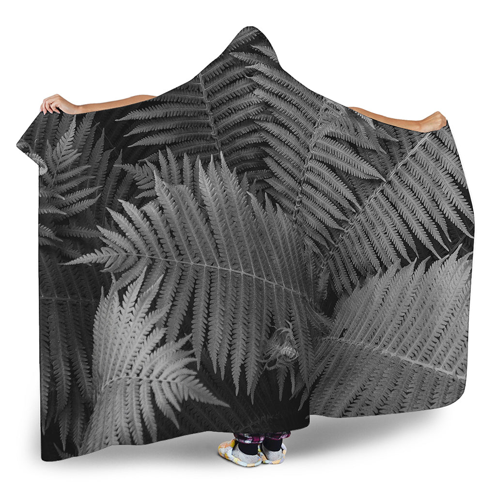 Black And White Fern Leaf Print Hooded Blanket