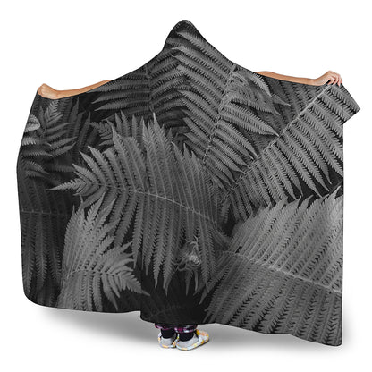 Black And White Fern Leaf Print Hooded Blanket