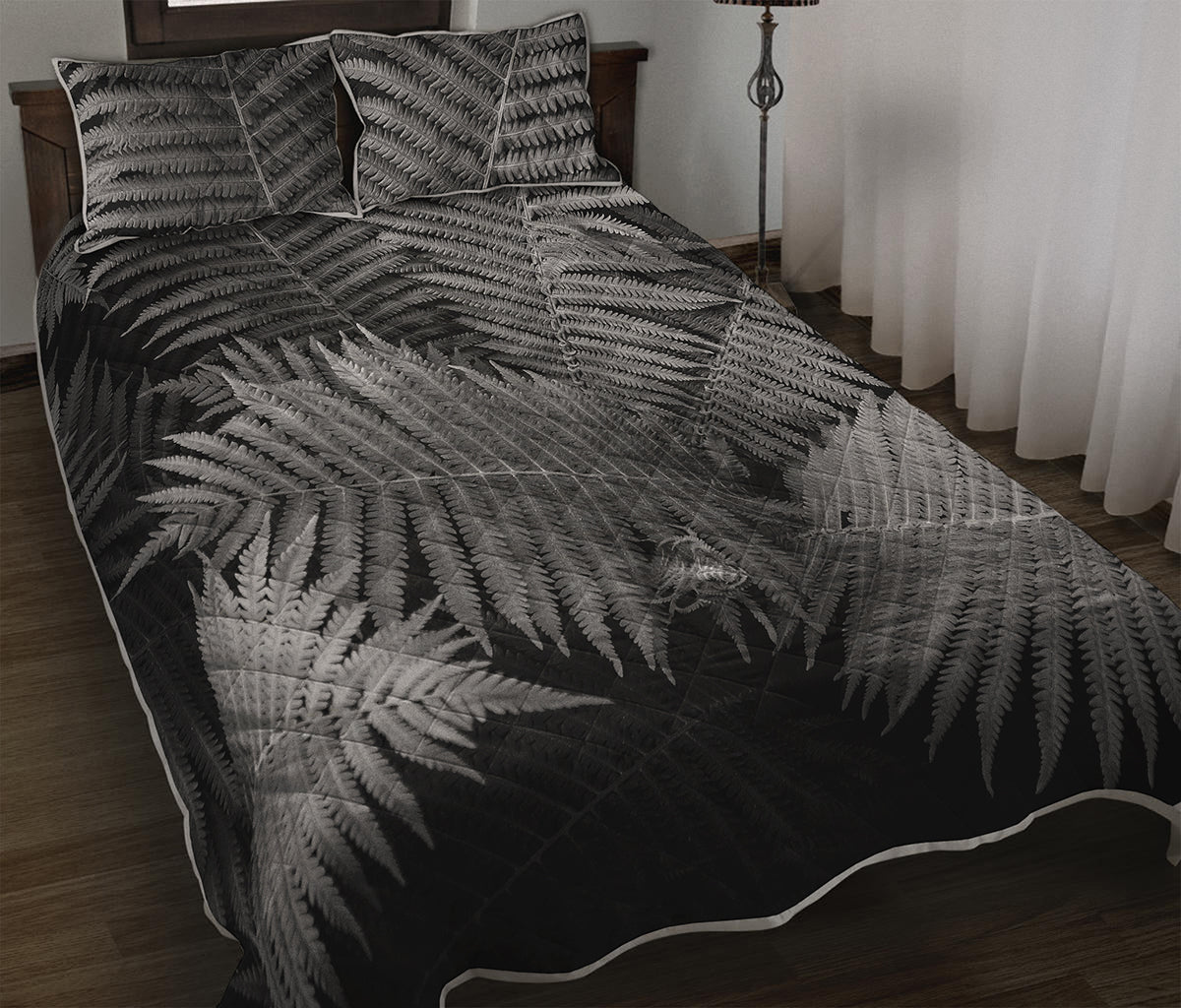 Black And White Fern Leaf Print Quilt Bed Set