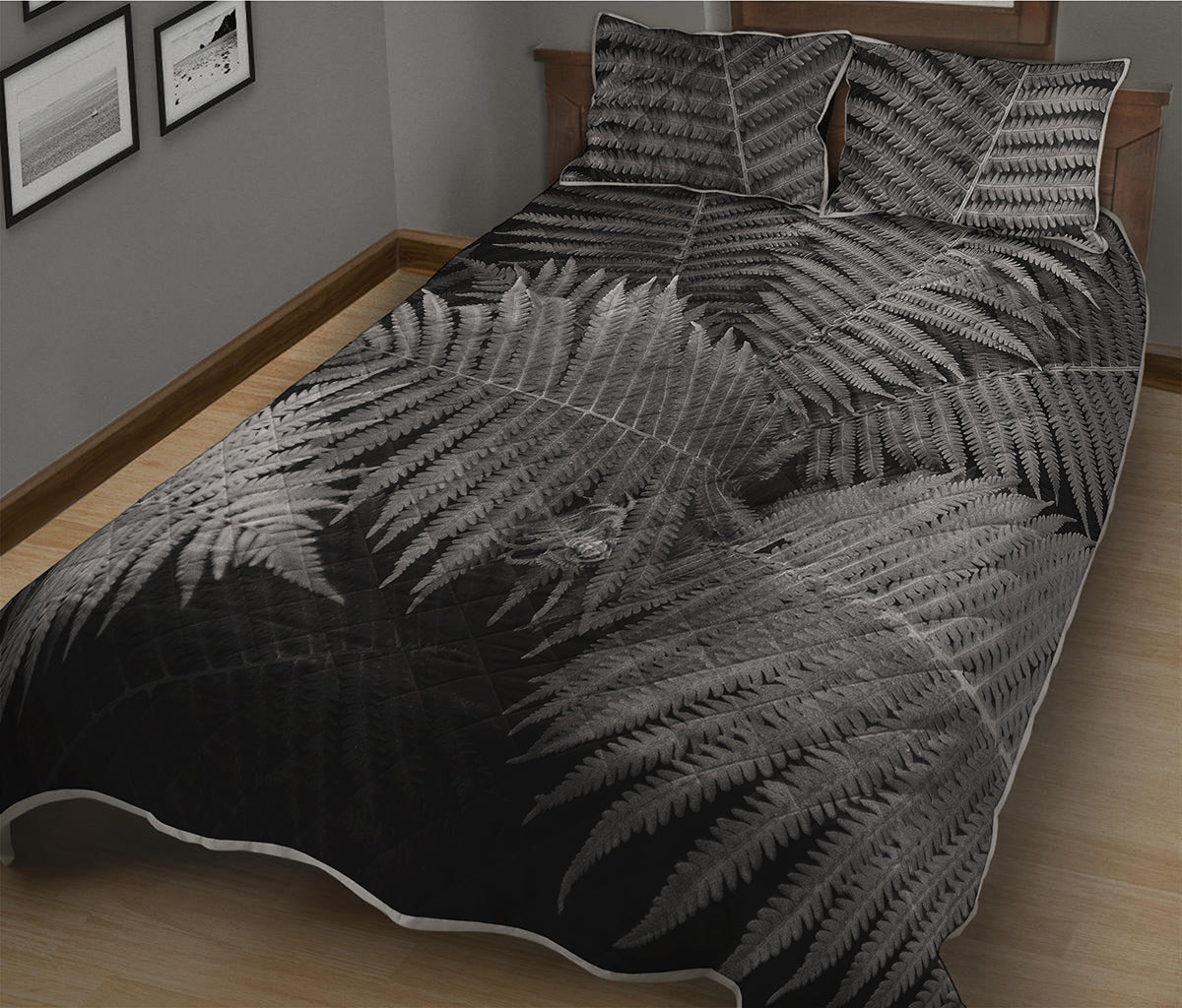 Black And White Fern Leaf Print Quilt Bed Set