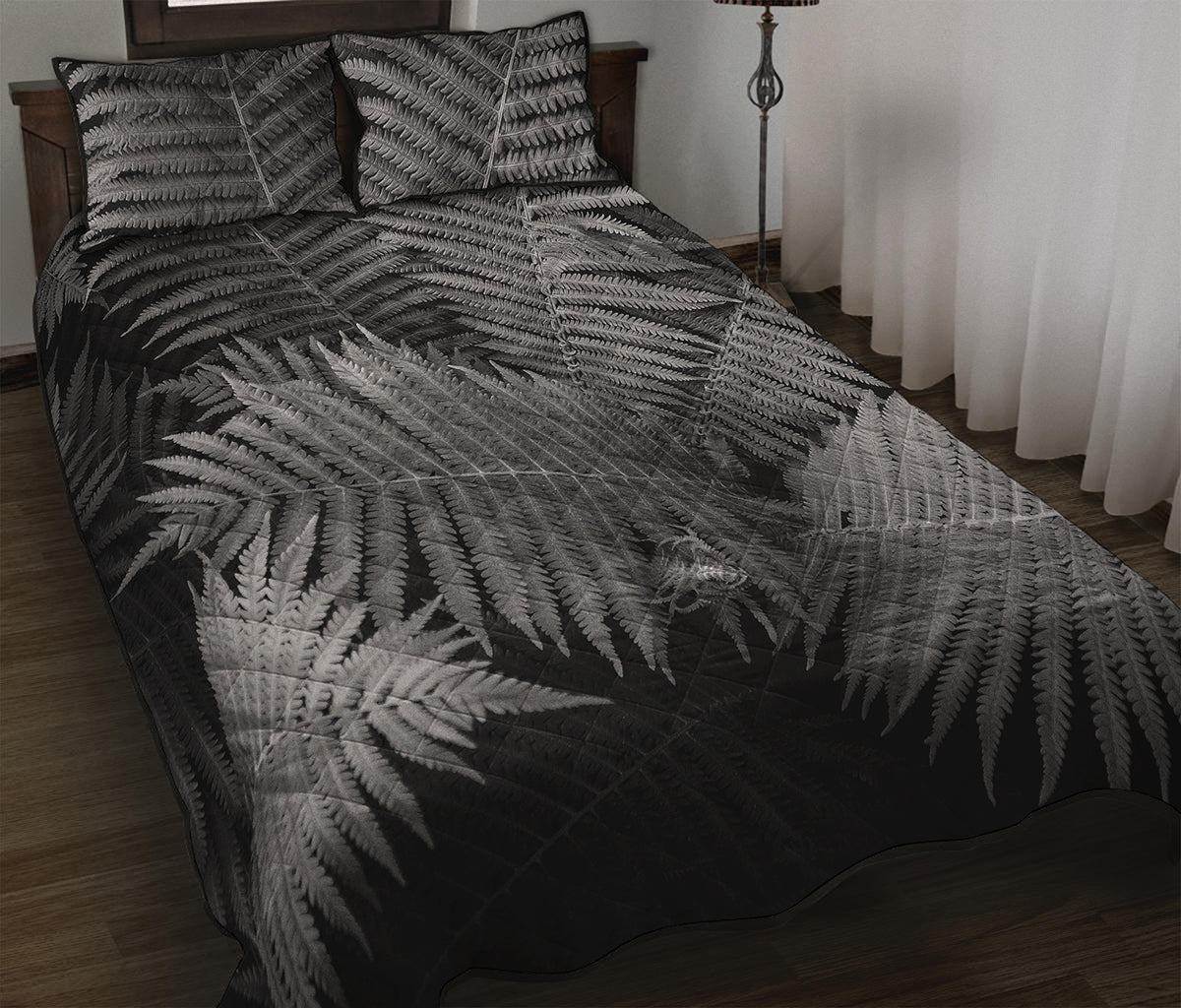 Black And White Fern Leaf Print Quilt Bed Set
