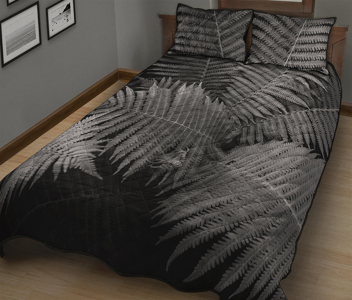 Black And White Fern Leaf Print Quilt Bed Set