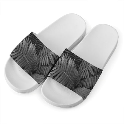 Black And White Fern Leaf Print White Slide Sandals