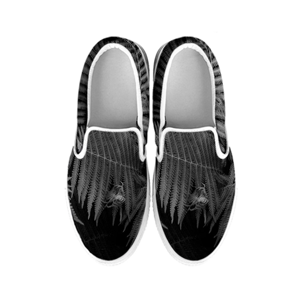 Black And White Fern Leaf Print White Slip On Shoes