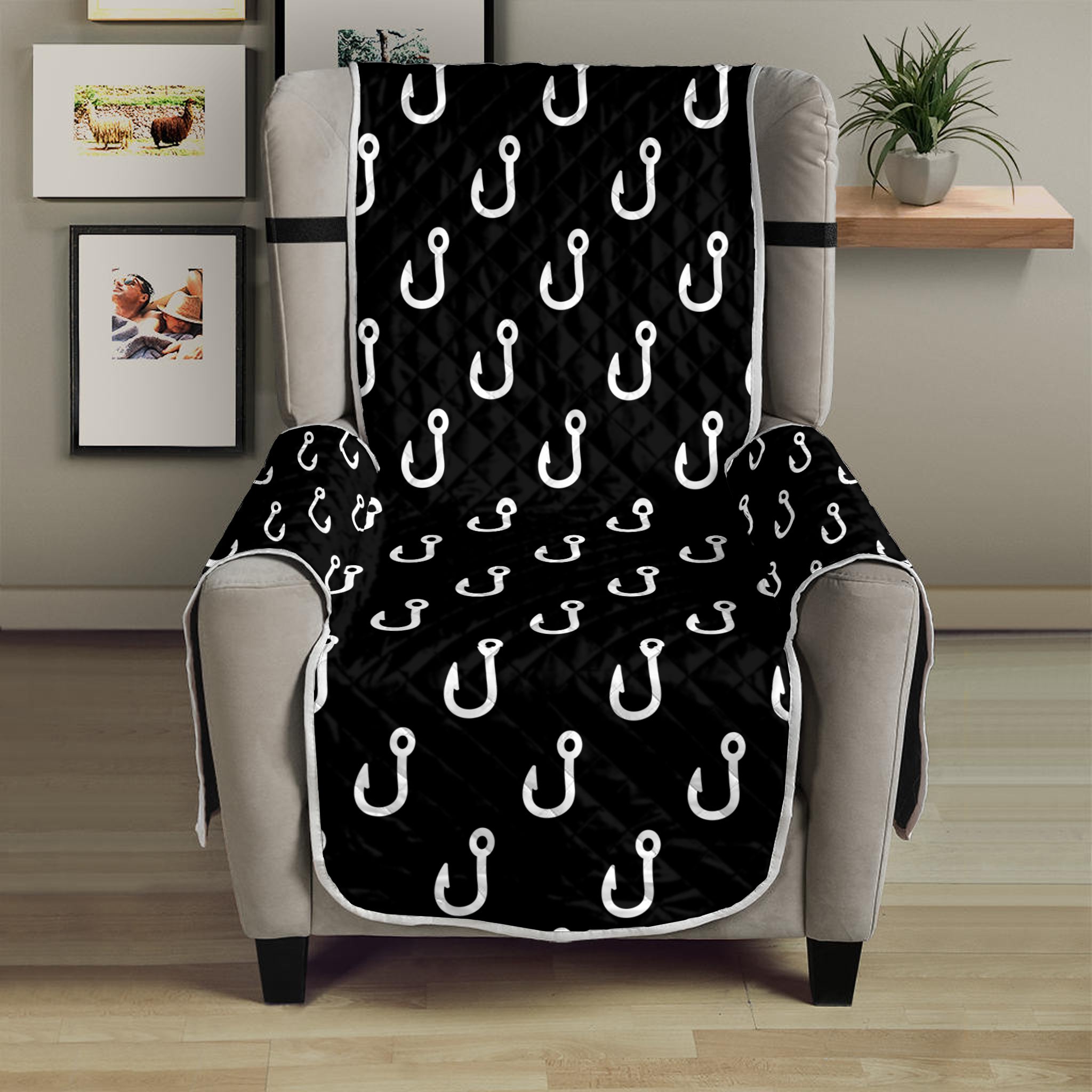 Black And White Fishing Hooks Print Armchair Protector