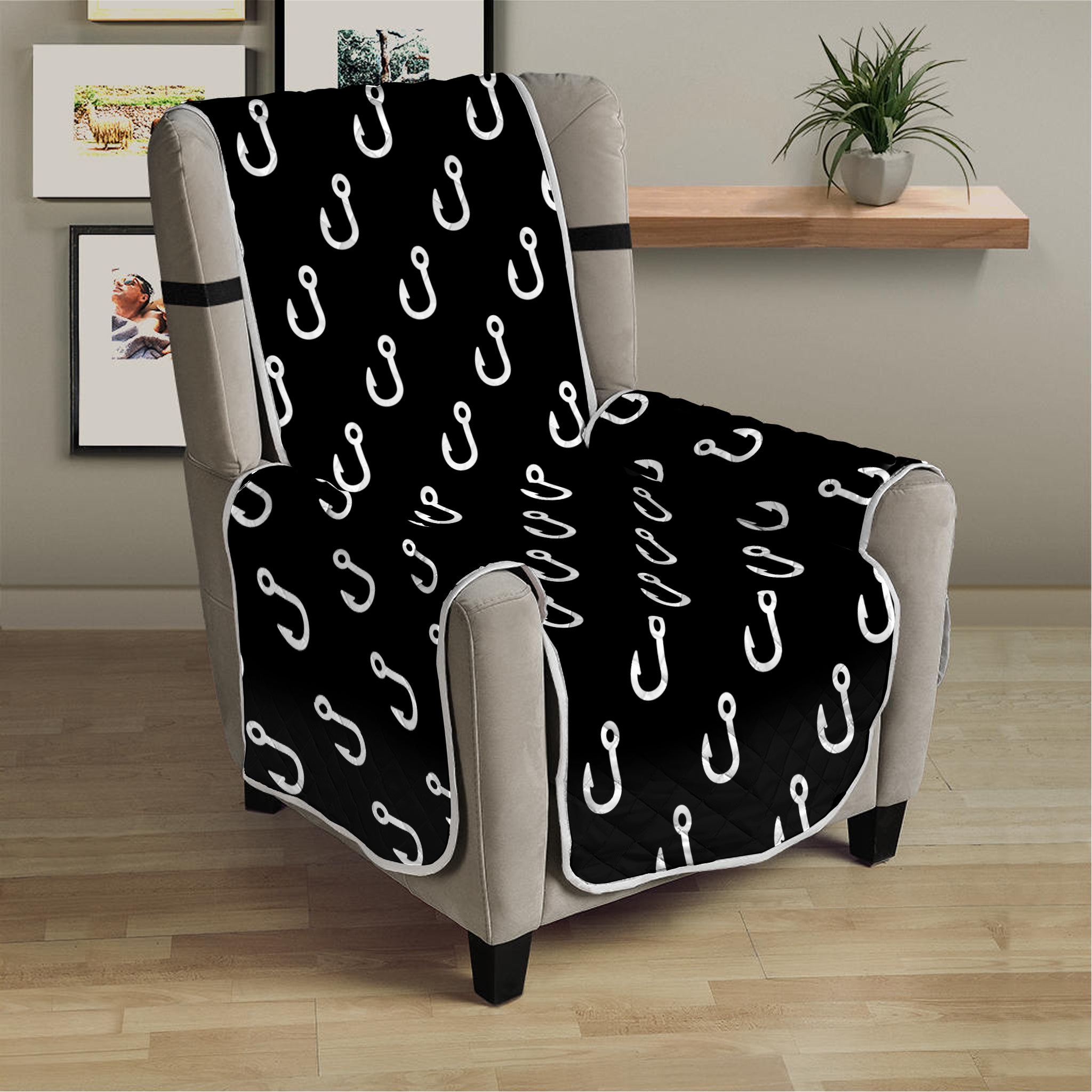 Black And White Fishing Hooks Print Armchair Protector