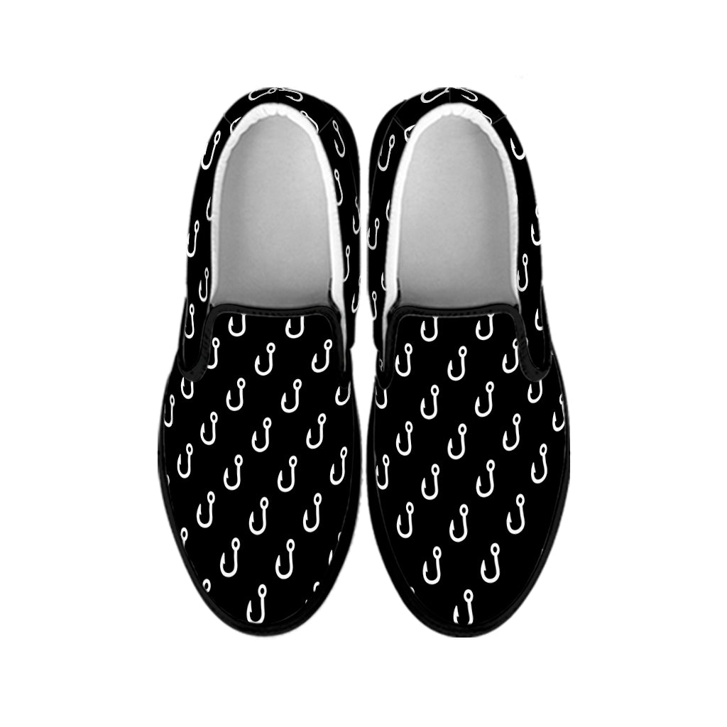 Black And White Fishing Hooks Print Black Slip On Shoes