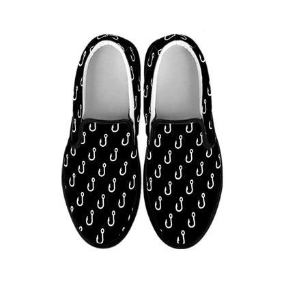 Black And White Fishing Hooks Print Black Slip On Shoes