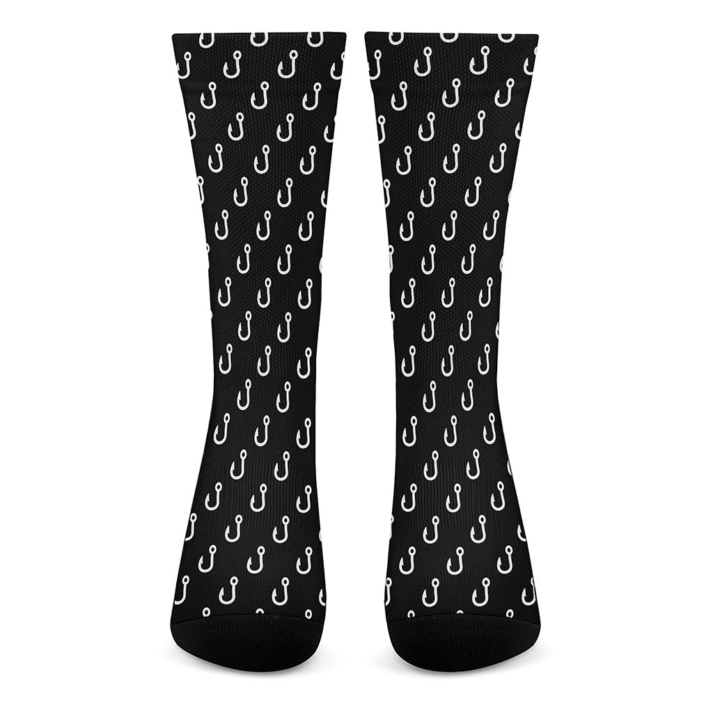 Black And White Fishing Hooks Print Crew Socks