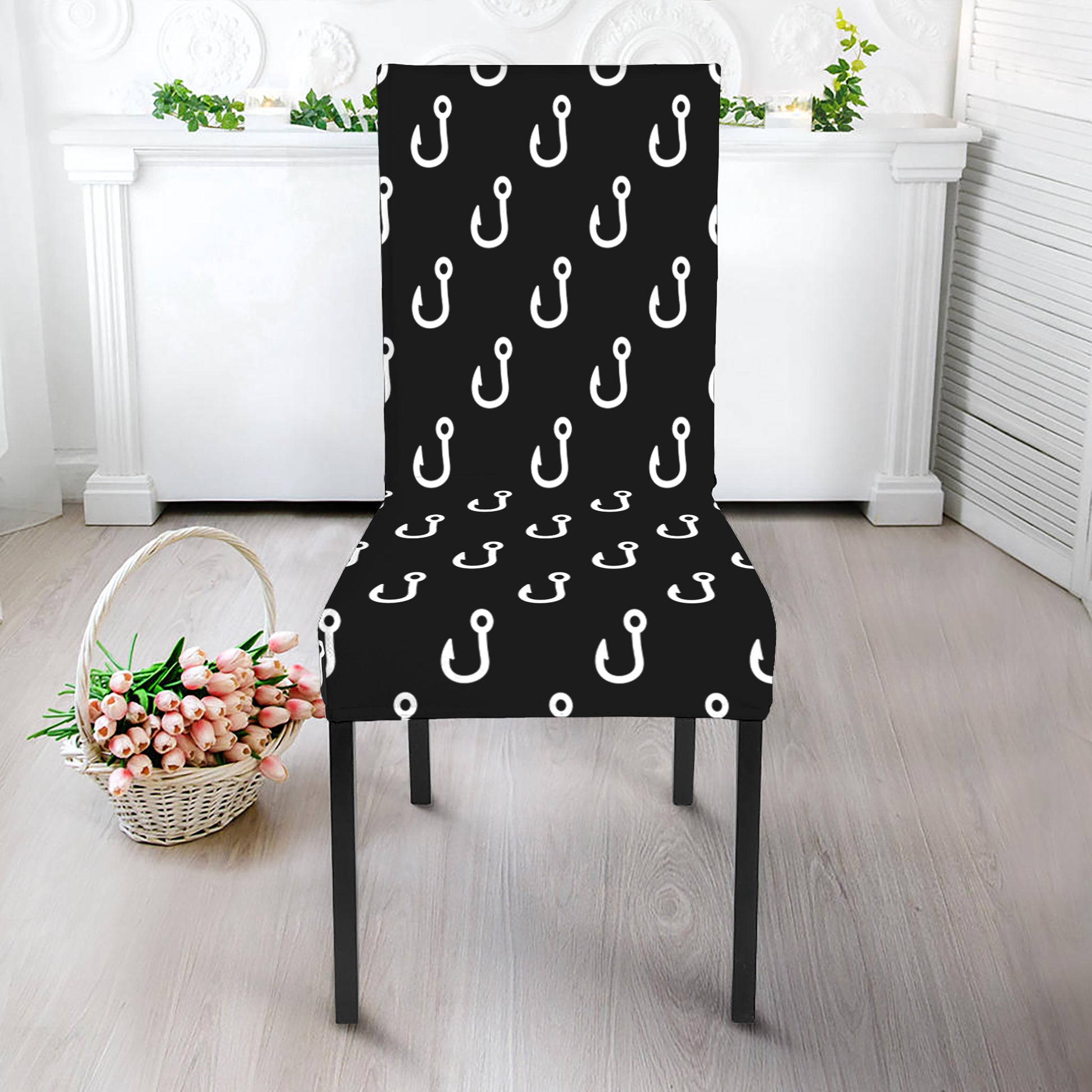 Black And White Fishing Hooks Print Dining Chair Slipcover