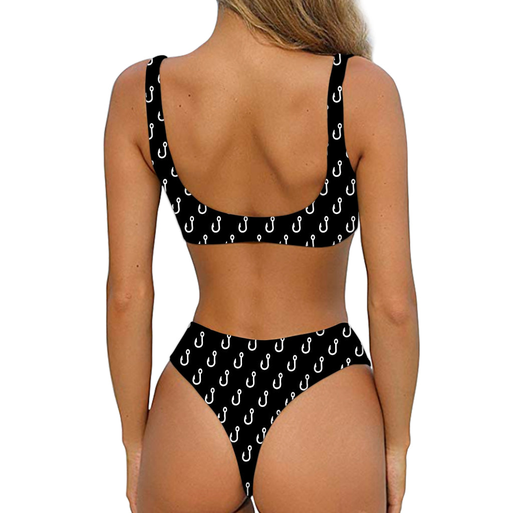 Black And White Fishing Hooks Print Front Bow Tie Bikini