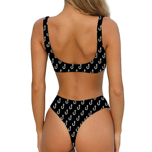 Black And White Fishing Hooks Print Front Bow Tie Bikini