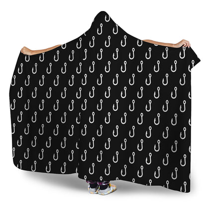 Black And White Fishing Hooks Print Hooded Blanket