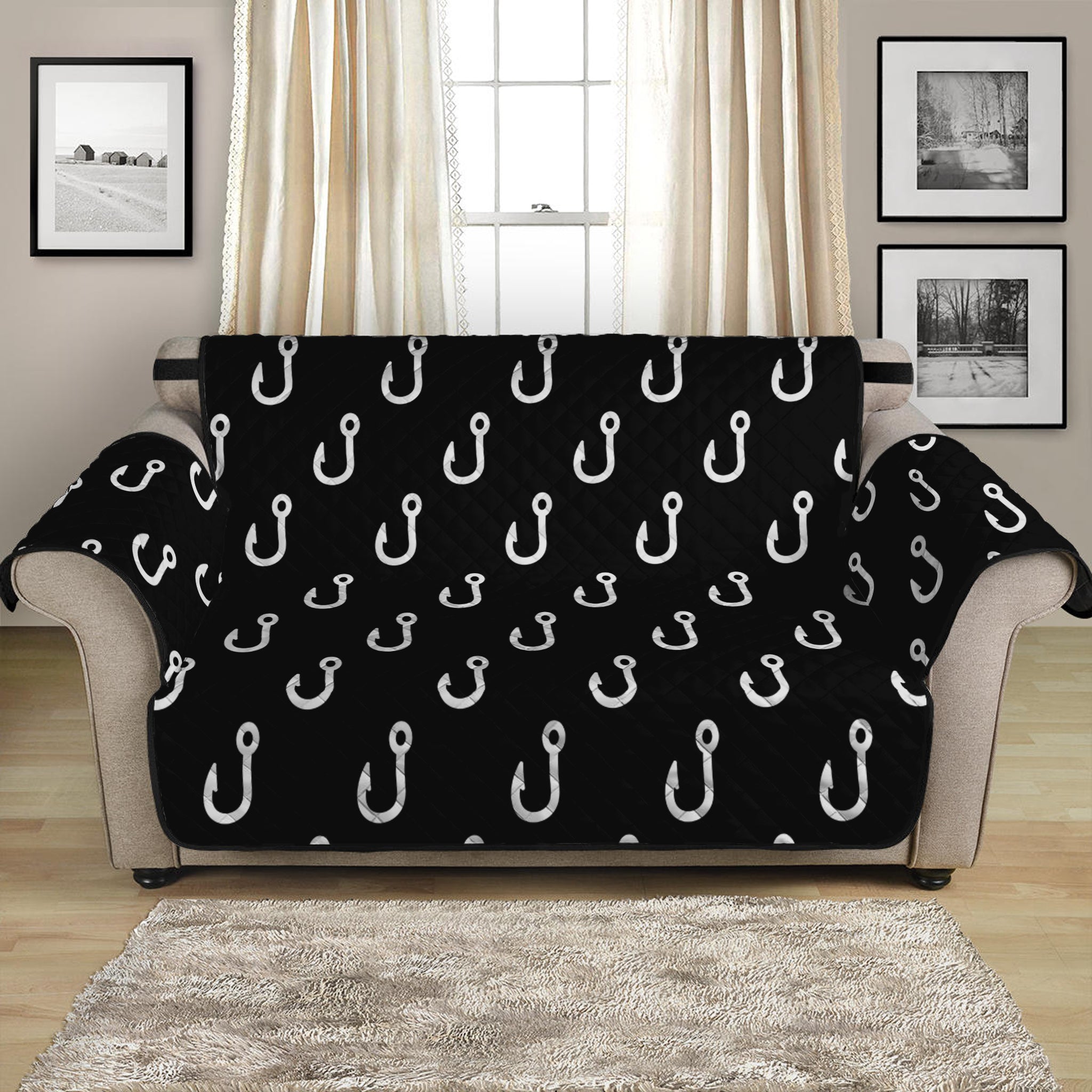 Black And White Fishing Hooks Print Loveseat Protector