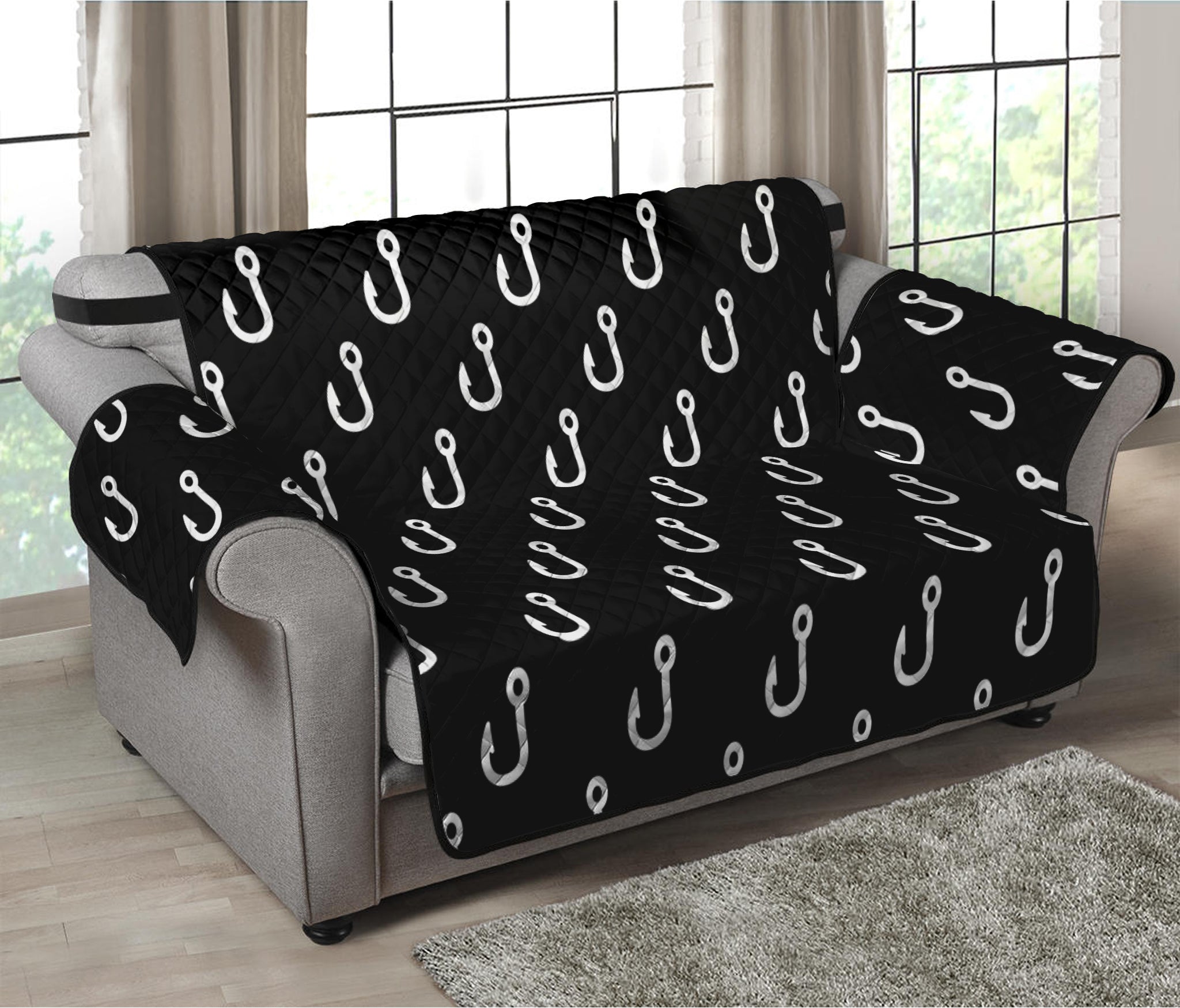 Black And White Fishing Hooks Print Loveseat Protector