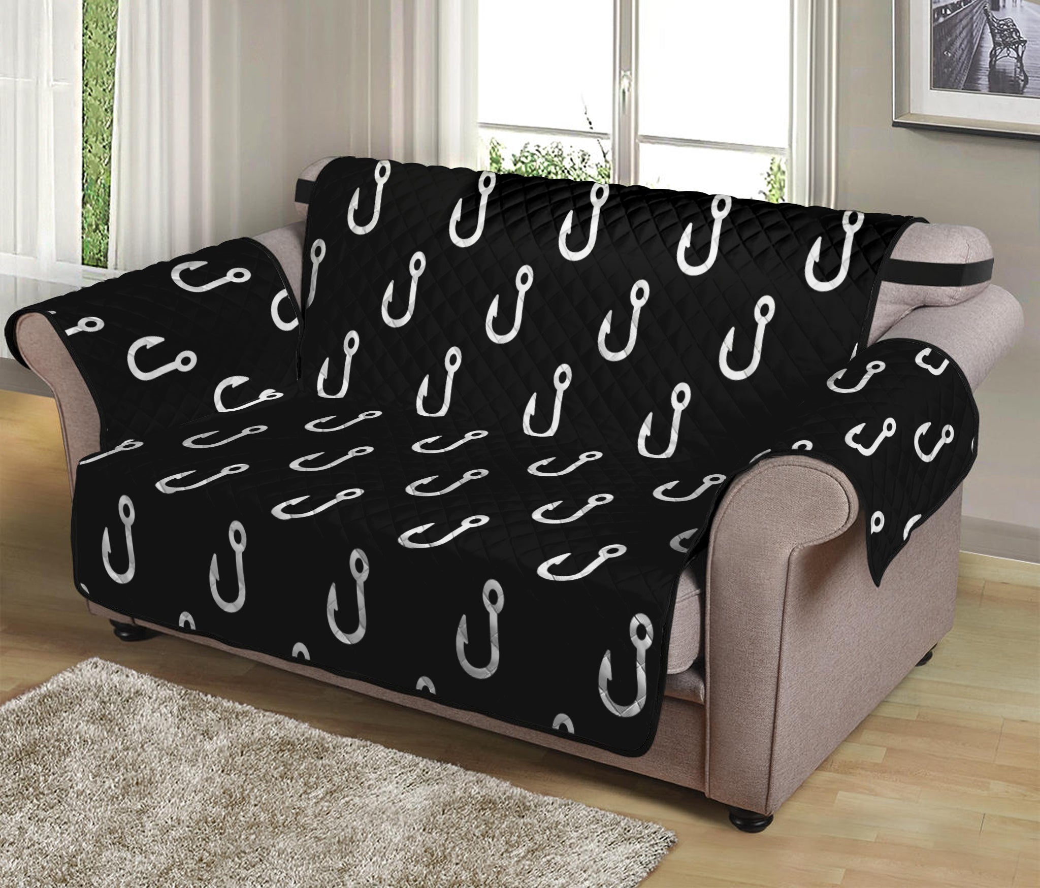 Black And White Fishing Hooks Print Loveseat Protector