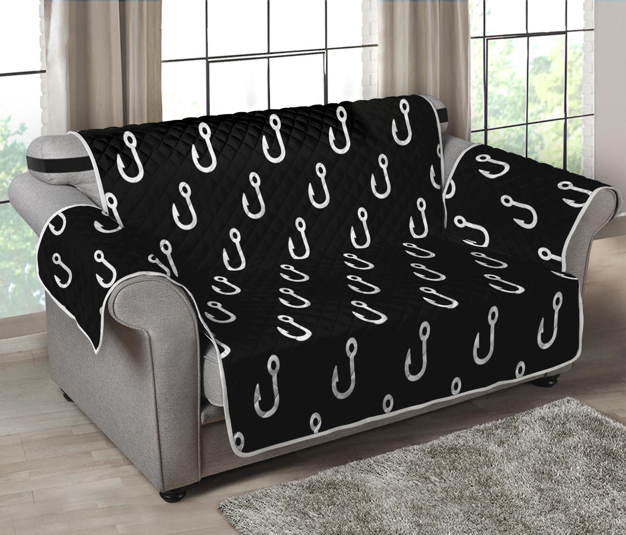 Black And White Fishing Hooks Print Loveseat Protector