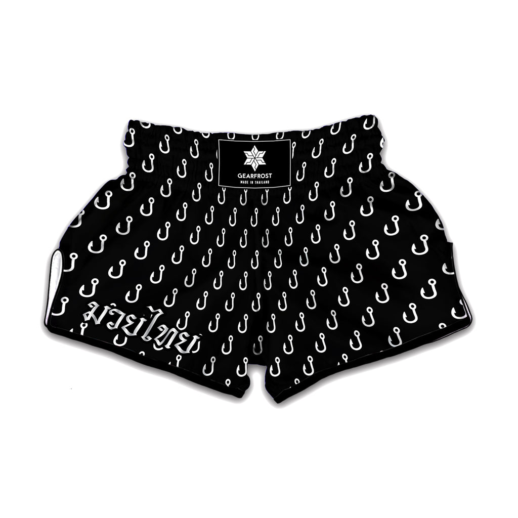 Black And White Fishing Hooks Print Muay Thai Boxing Shorts