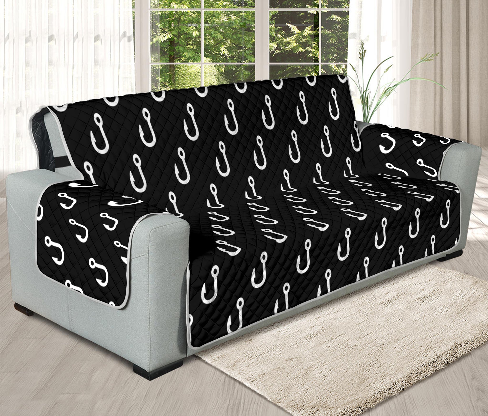 Black And White Fishing Hooks Print Oversized Sofa Protector