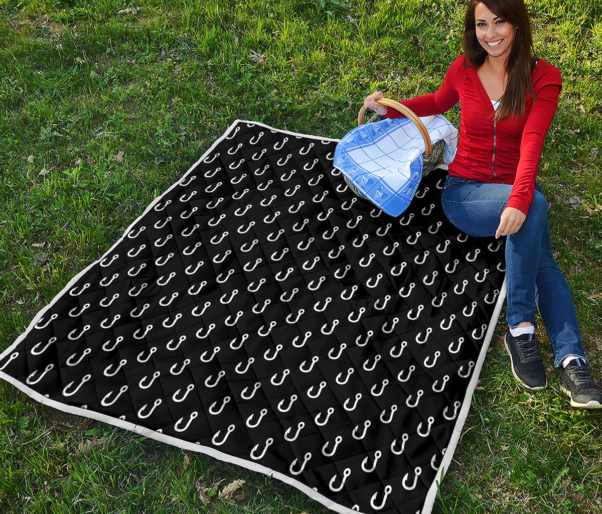 Black And White Fishing Hooks Print Quilt
