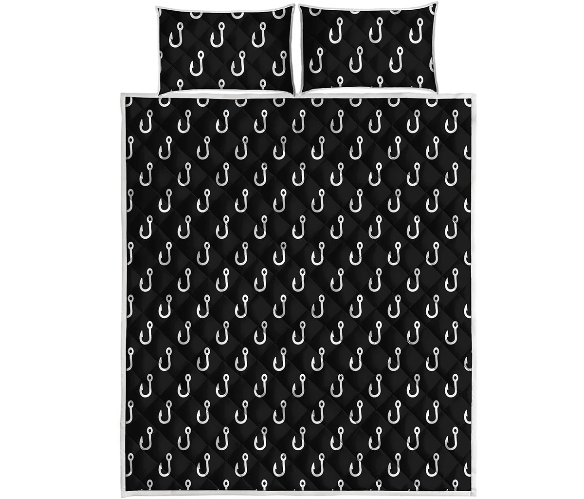 Black And White Fishing Hooks Print Quilt Bed Set