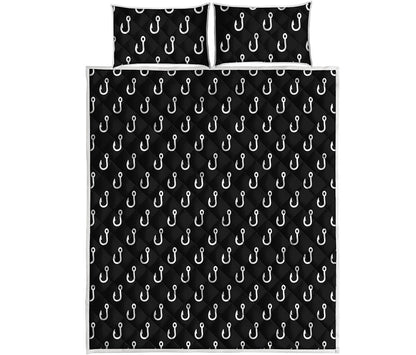 Black And White Fishing Hooks Print Quilt Bed Set