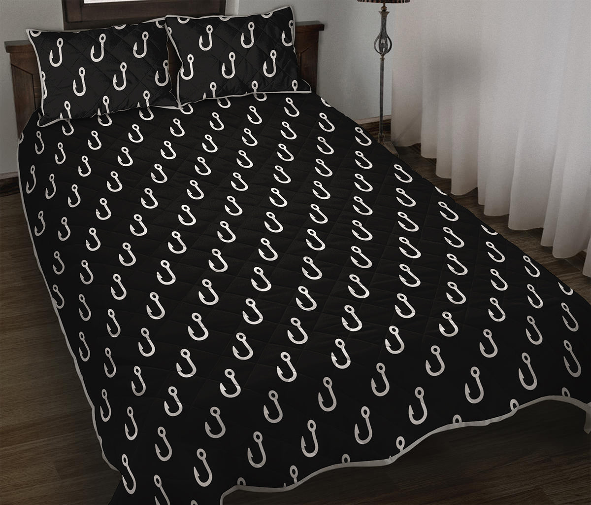 Black And White Fishing Hooks Print Quilt Bed Set