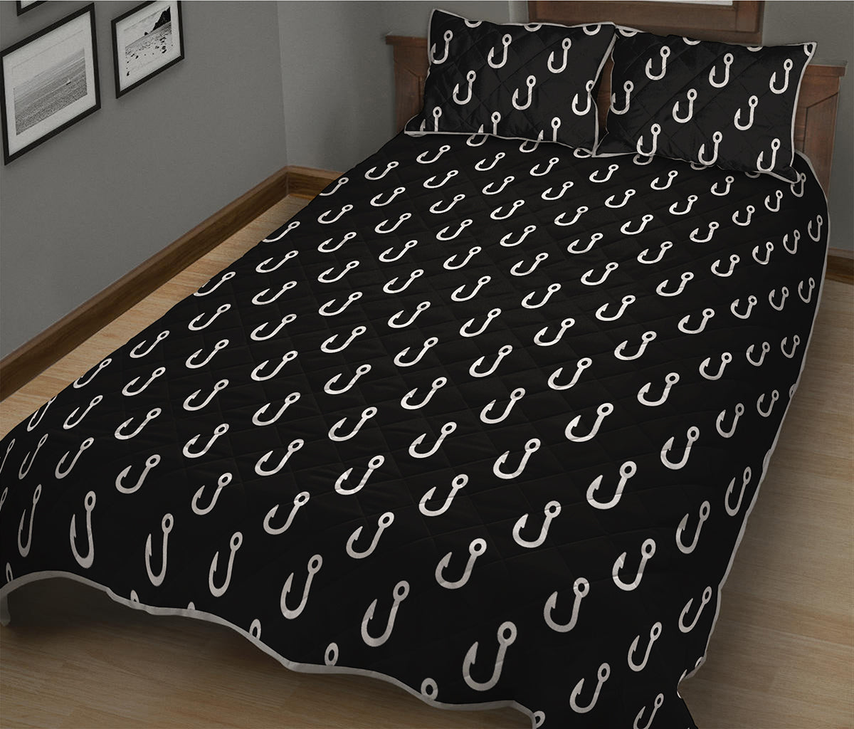 Black And White Fishing Hooks Print Quilt Bed Set