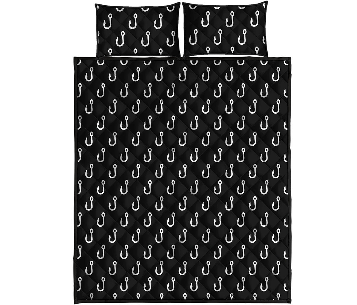 Black And White Fishing Hooks Print Quilt Bed Set