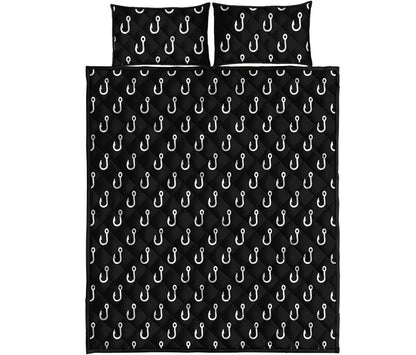 Black And White Fishing Hooks Print Quilt Bed Set