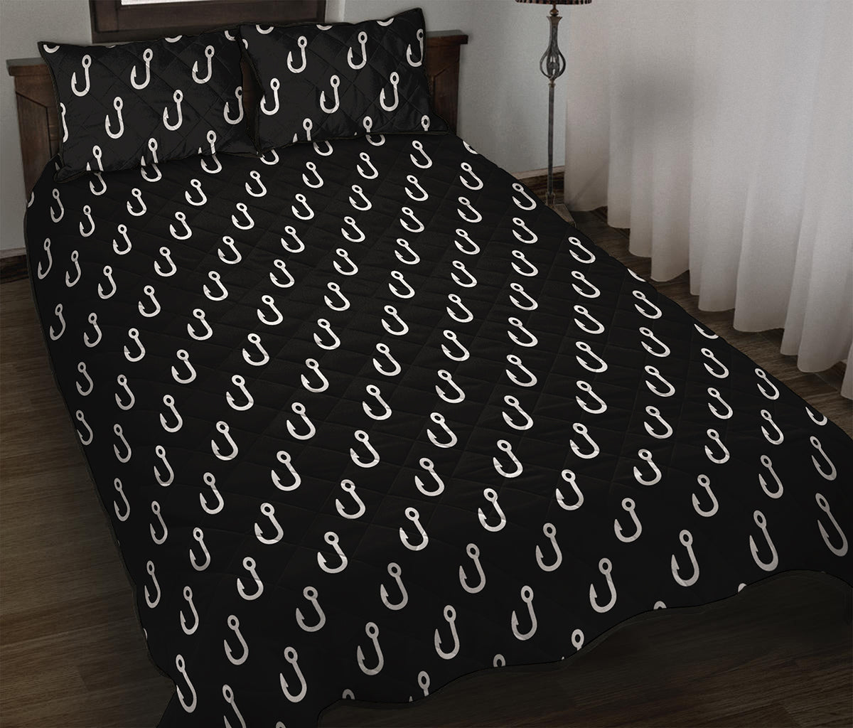 Black And White Fishing Hooks Print Quilt Bed Set