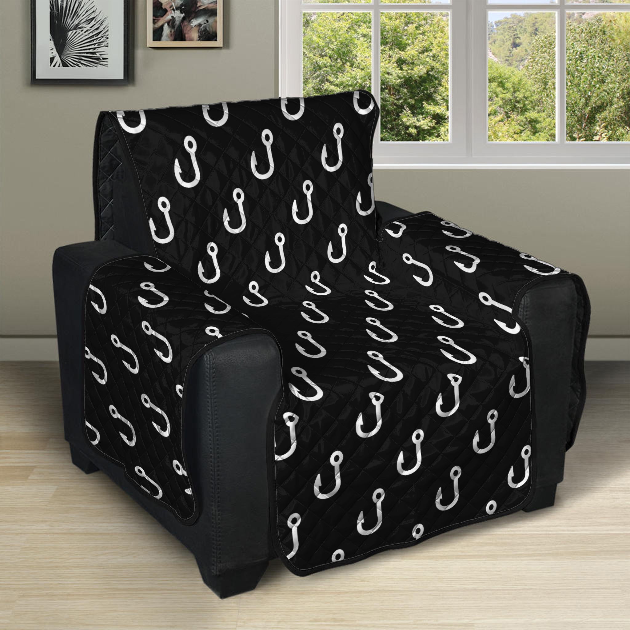 Black And White Fishing Hooks Print Recliner Protector