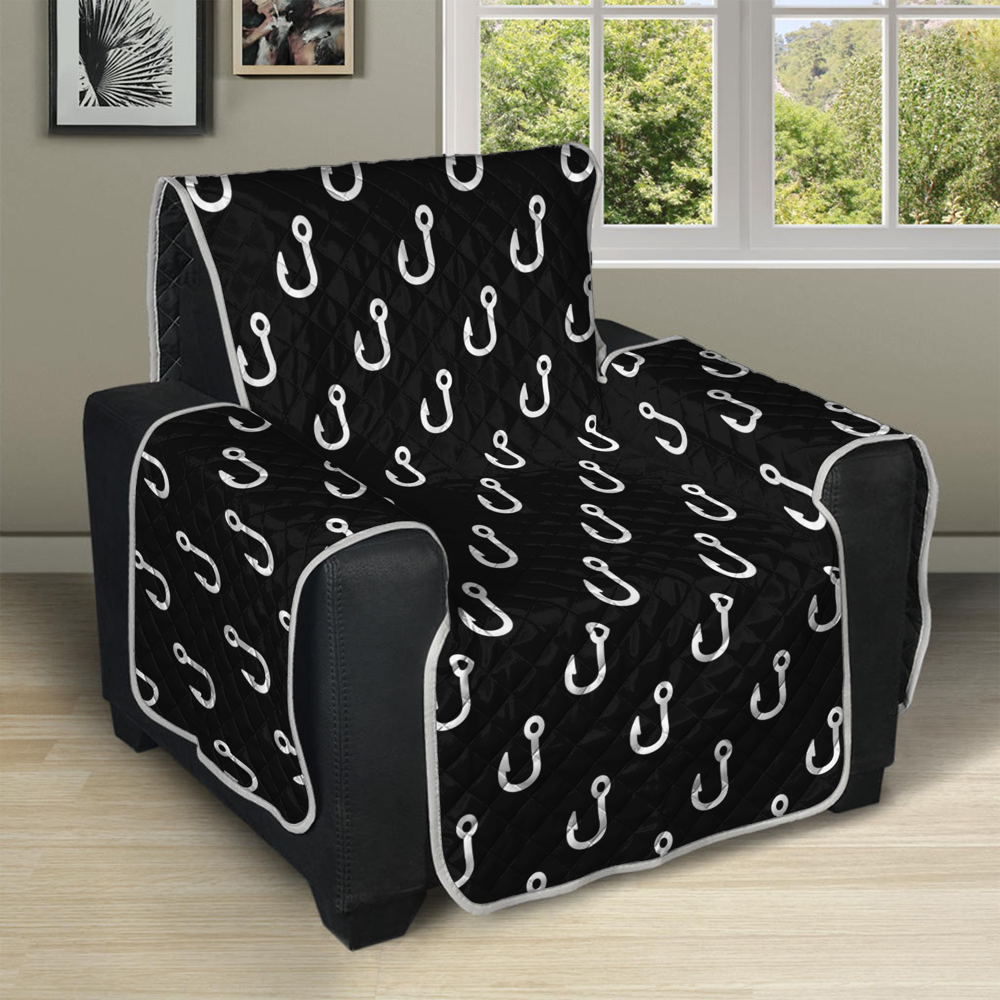 Black And White Fishing Hooks Print Recliner Protector