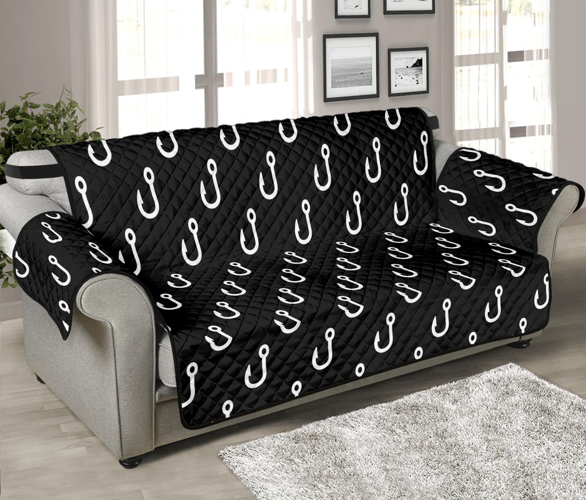 Black And White Fishing Hooks Print Sofa Protector