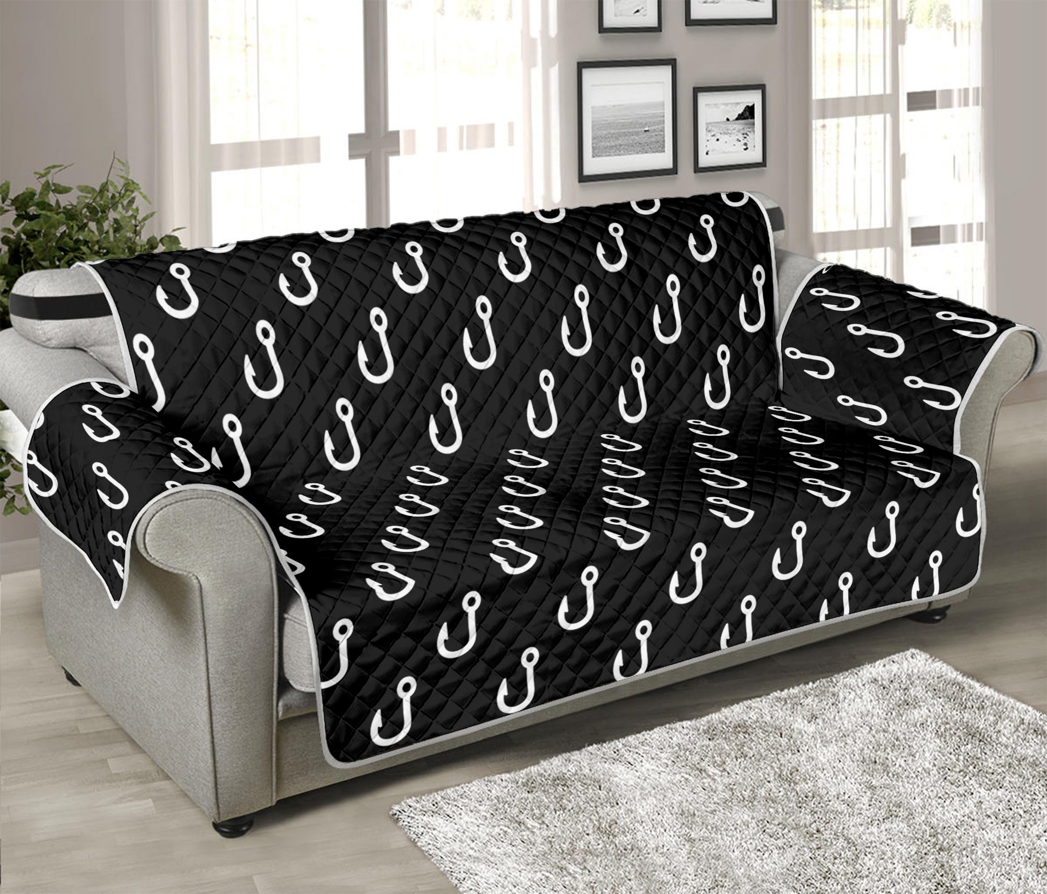 Black And White Fishing Hooks Print Sofa Protector