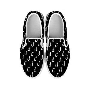 Black And White Fishing Hooks Print White Slip On Shoes