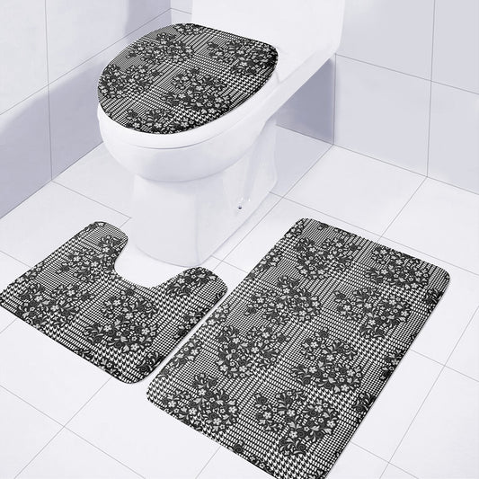 Black And White Floral Glen Plaid Print 3 Piece Bath Mat Set