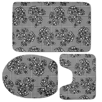 Black And White Floral Glen Plaid Print 3 Piece Bath Mat Set